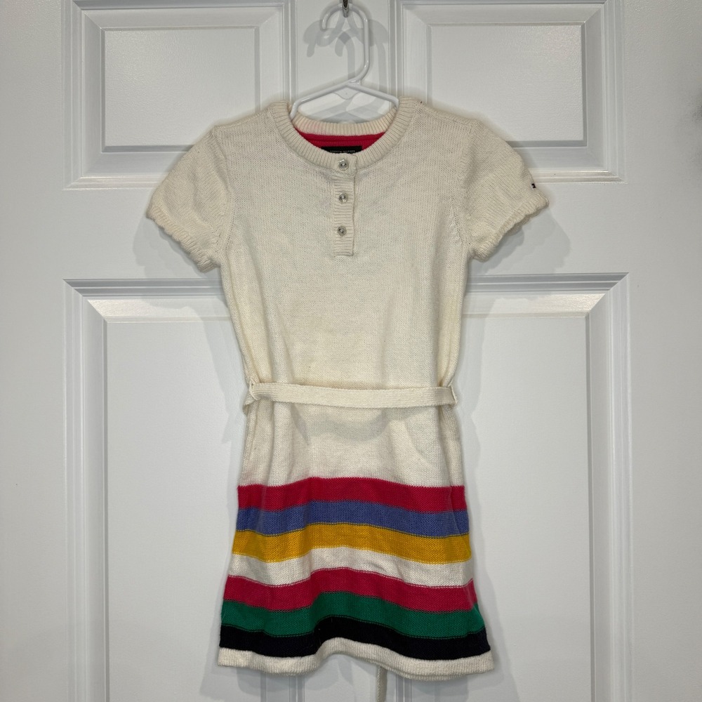 Tommy Hilfiger Girls Cream Striped Hem‎ Short Sleeve Sweater Dress Size 4T